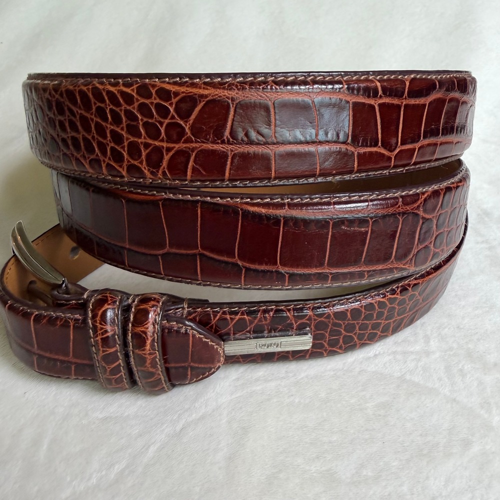 Polo Ralph Lauren Belt Mens 56 Brown Crocodile Embossed Italian Leather Silver
